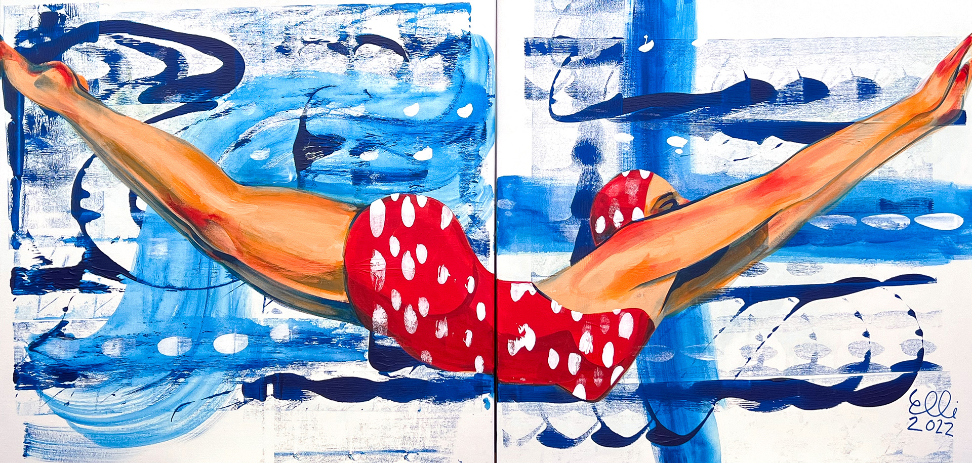 The painting 'Jump' served as the muse for these summery pattern designs and has been sold to a private collection.