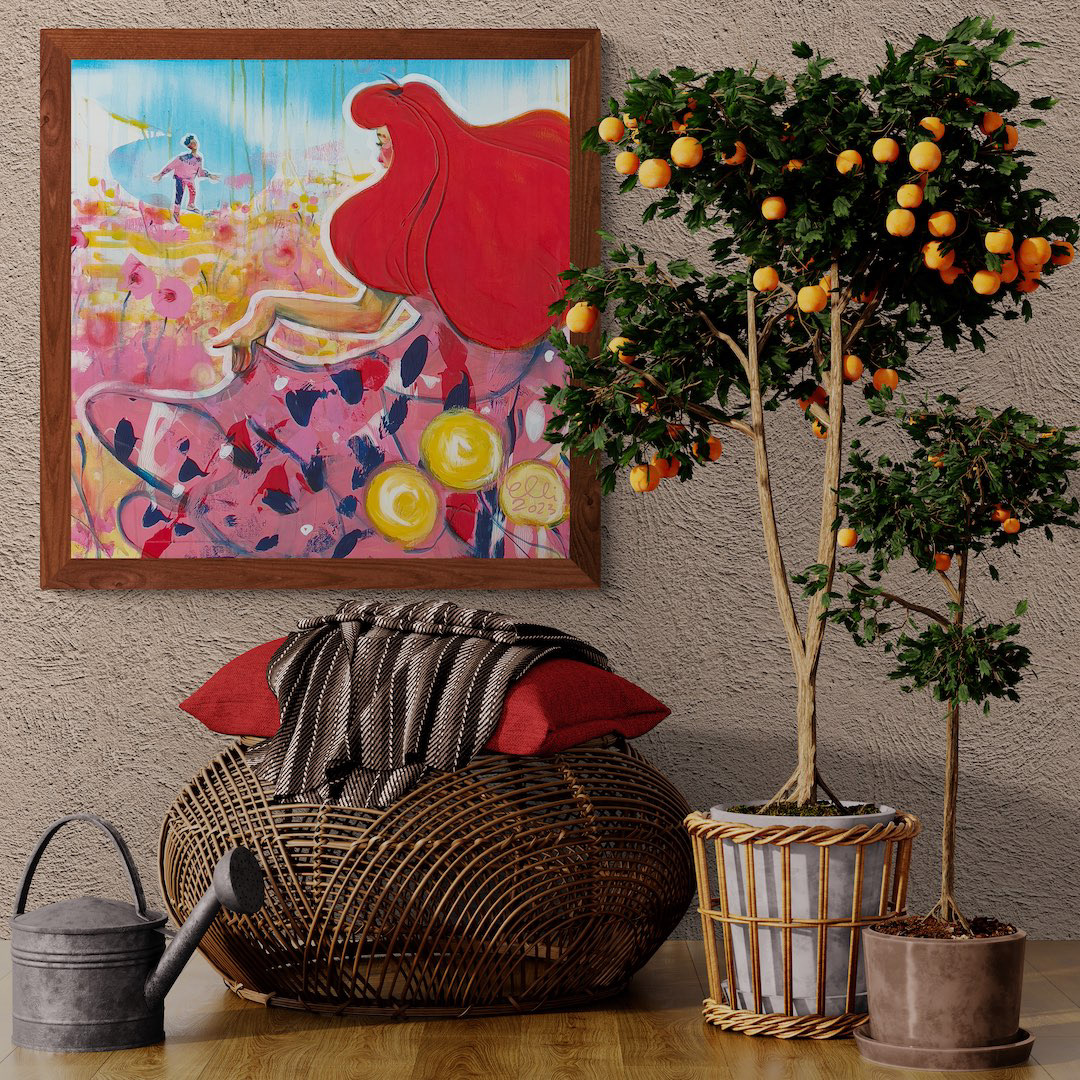 Home decor featuring 'Meet Me at the Summer Meadow' vibrant painting with mandarin tree.
