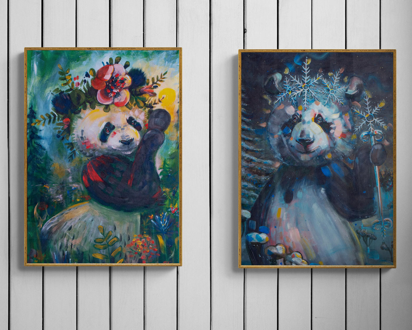 Summer Panda and Winter Panda art prints framed in a white wall. Original paintings by Finnish contemprary painter Elli Maanpää.