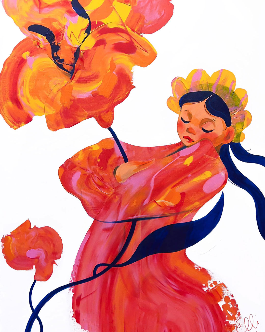 Discover the tender embrace of nature in "Flowerhugger" figurative painting by contemporary artist Elli Maanpää.