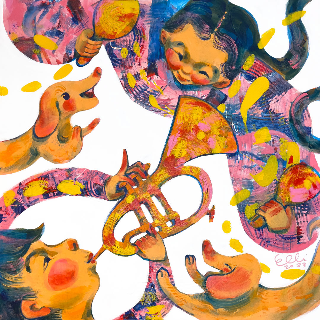 Experience the joy of family harmony in visual artist Elli Maanpää's figurative painting 'Family Ensemble.' Happy colors dance around the canvas like a visual melody..