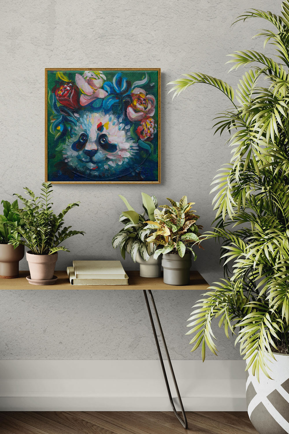 Framed Flower Panda art print in a cozy nordic home corner with plants.