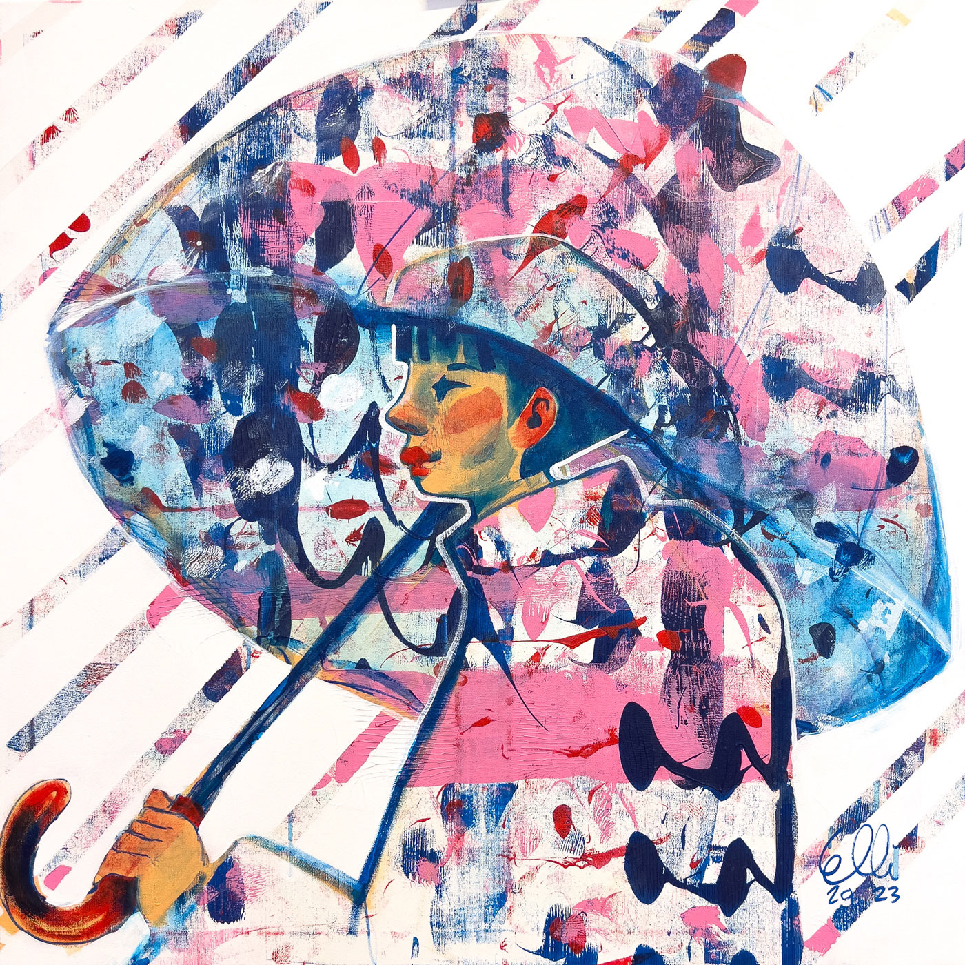 Raindrops is a contemporary painting by Helsinki-based artist Elli Maanpää, inspired by the soothing rhythm of rain as it falls against an umbrella.