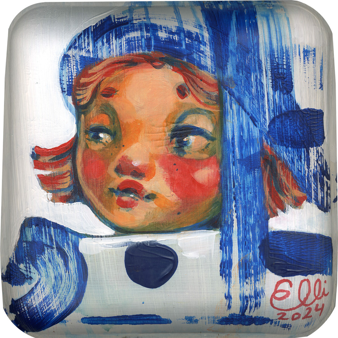 Painting titled 'Muñeca: Rain Hat' by Elli Maanpää, showing a doll-like figure wearing a rain hat, painted on a bamboo plate.