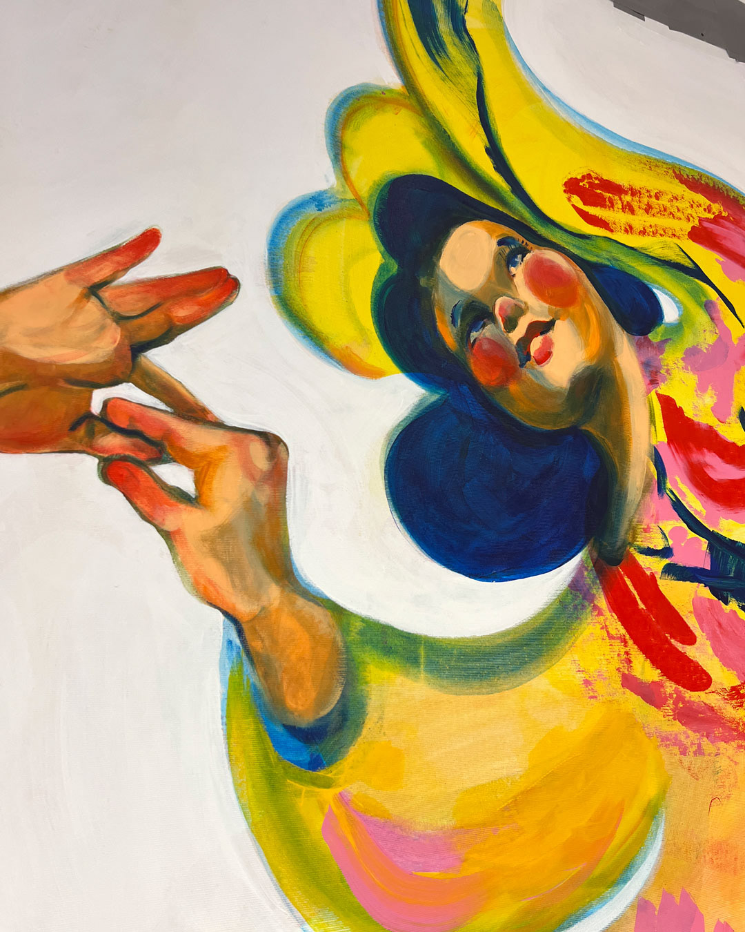 Close-up of The Three Graces painting by Elli Maanpää, focusing on the top Grace gazing upwards and the intertwined hands, symbolizing aspiration and connection.