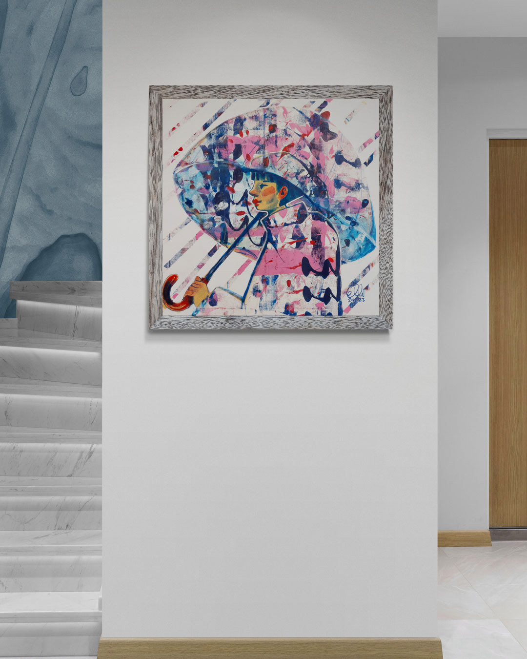 Elli Maanpää's Raindrops displayed in a white hallway, adding a touch of artistic elegance to modern interiors.