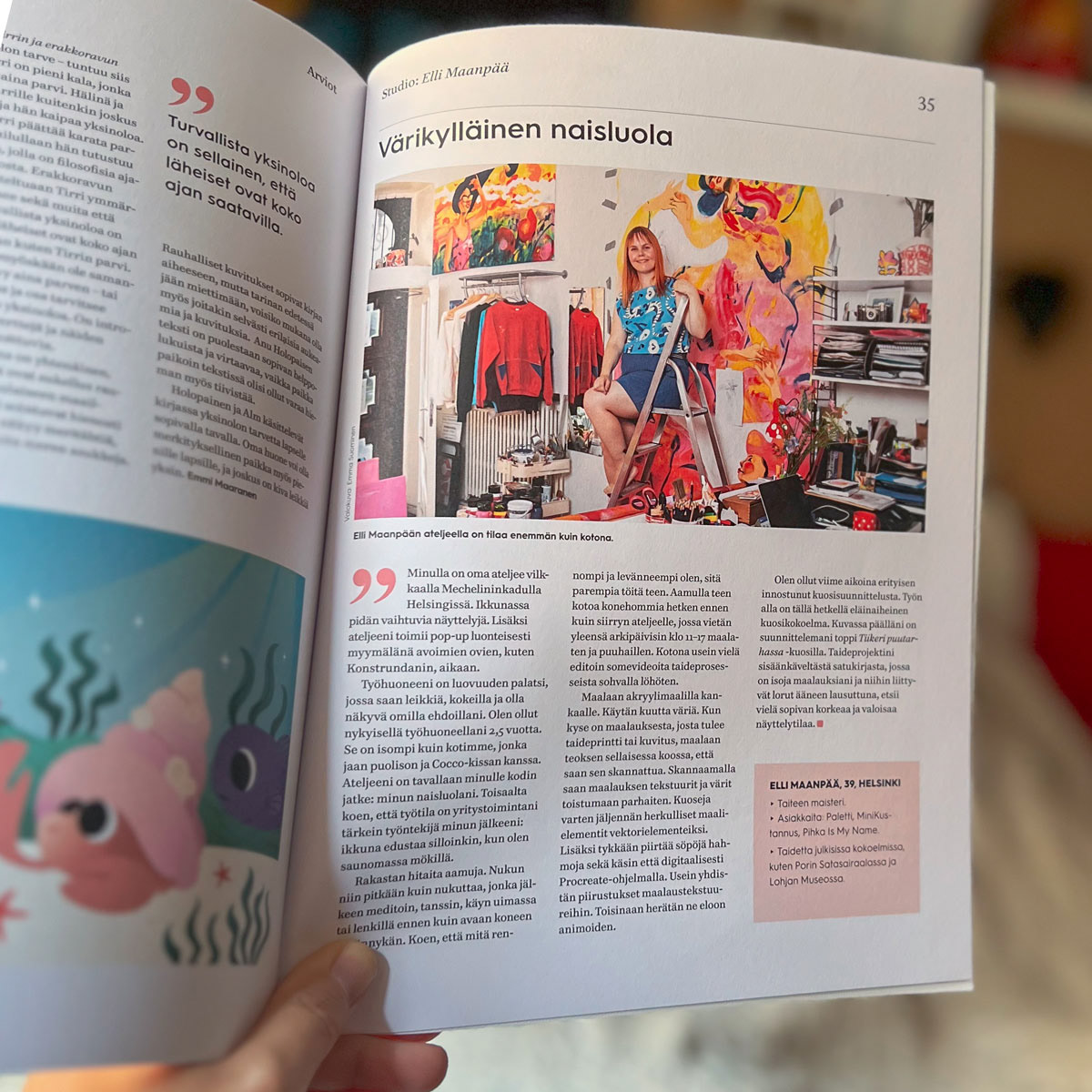 Elli Maanpää's painting studio, as featured in the autumn 2024 issue of the Finnish illustration magazine Kuvittaja. Photograph by Emma Suominen.