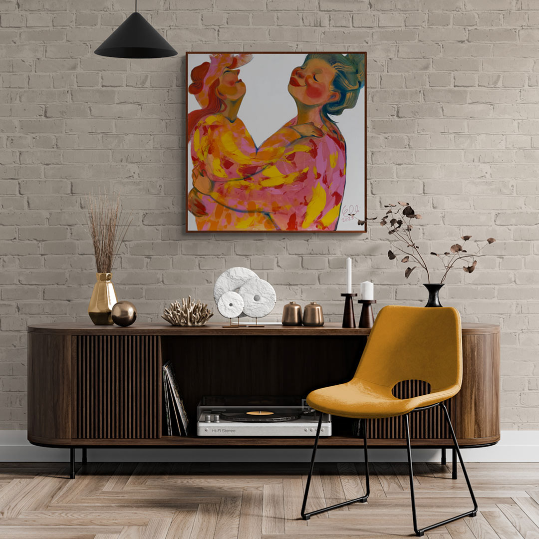 The painting captures shared laughter in vibrant colors.