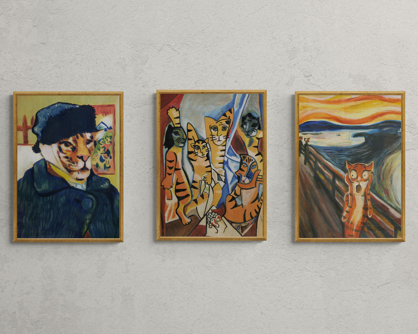 Three tiger themed versions of art classics as art posters by finnish visual artist Elli Maanpaa. Original art inspiration by Edward Munch, Vincent van Gogh and Pablo Picasso. Paint it again with tigers.