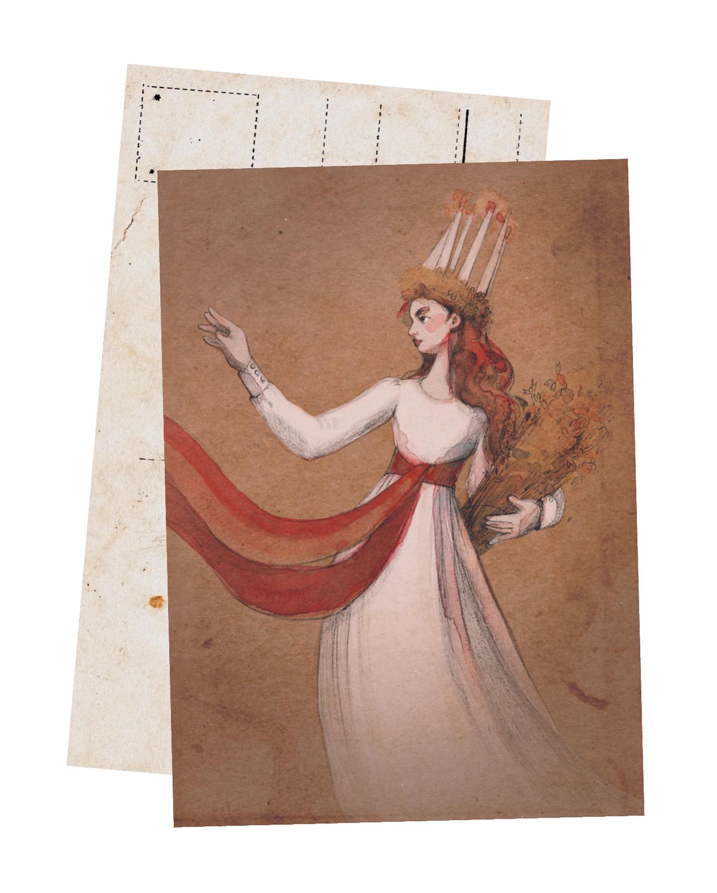 A Saint Lucia themed postcard featuring a hand-drawn illustration of the traditional "Lucia neito" with a candle crown.