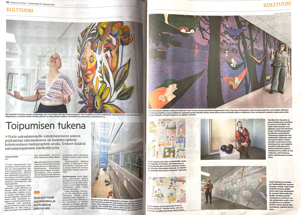 Photograph from Satakunnan Kansa’s coverage of the opening of the S-Building at Satasairaala and its art collection, with Elli Maanpää’s painting featured as the headline photograph.