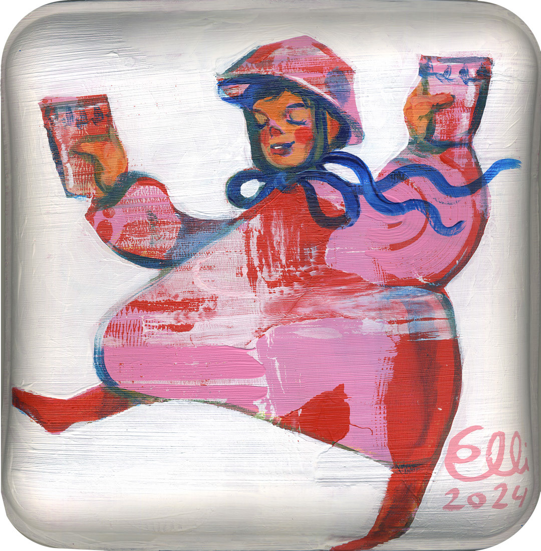 Painting titled 'Muñeca: For You and Me' by Elli Maanpää, featuring a doll-like figure holding two cups painted on a bamboo plate.