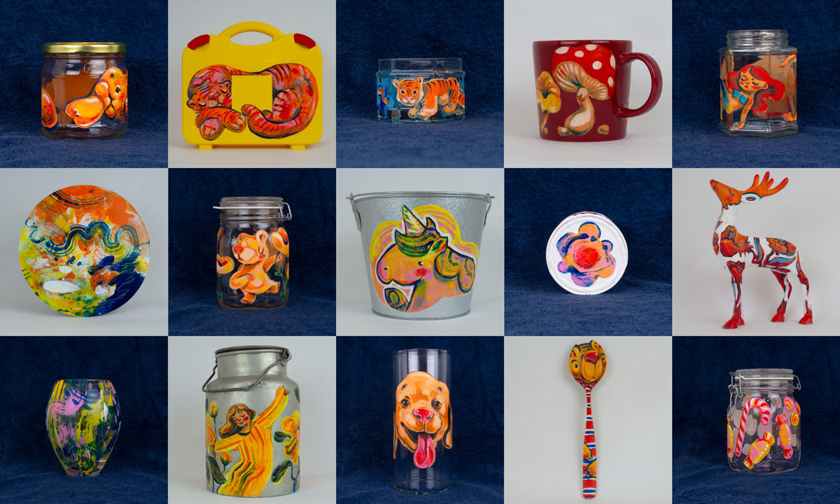 The painted art objects in Taidenarikka public art project by Elli Maanpää in Valkeavuori campus in Kaarina, Finland.