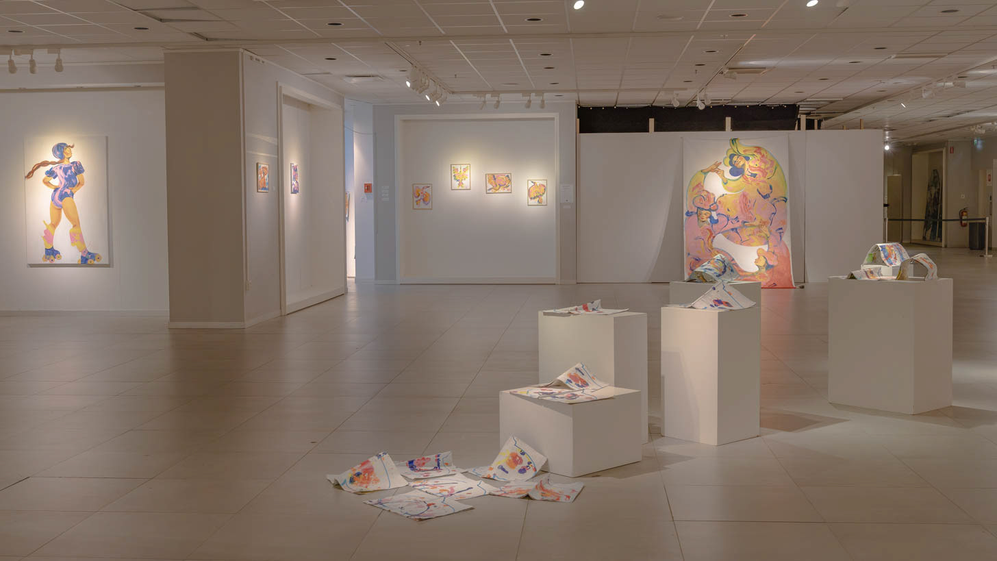 Elli Maanpää's solo exhibition Taivas Maanpäällä at Galleria Ars Pori featuring vibrant acrylic paintings of figures dancing and a large installation.