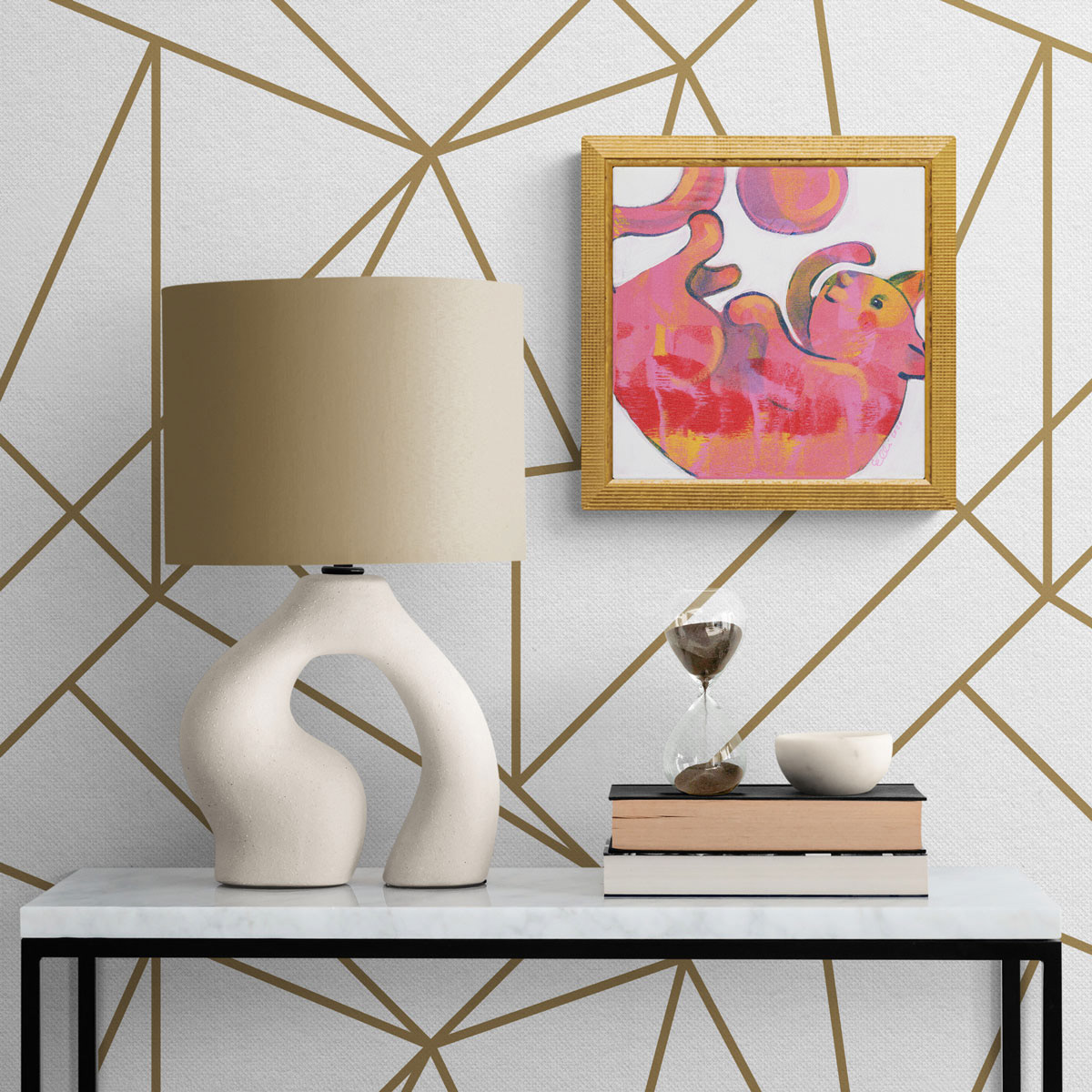 Happy color cat art print in golden frame.