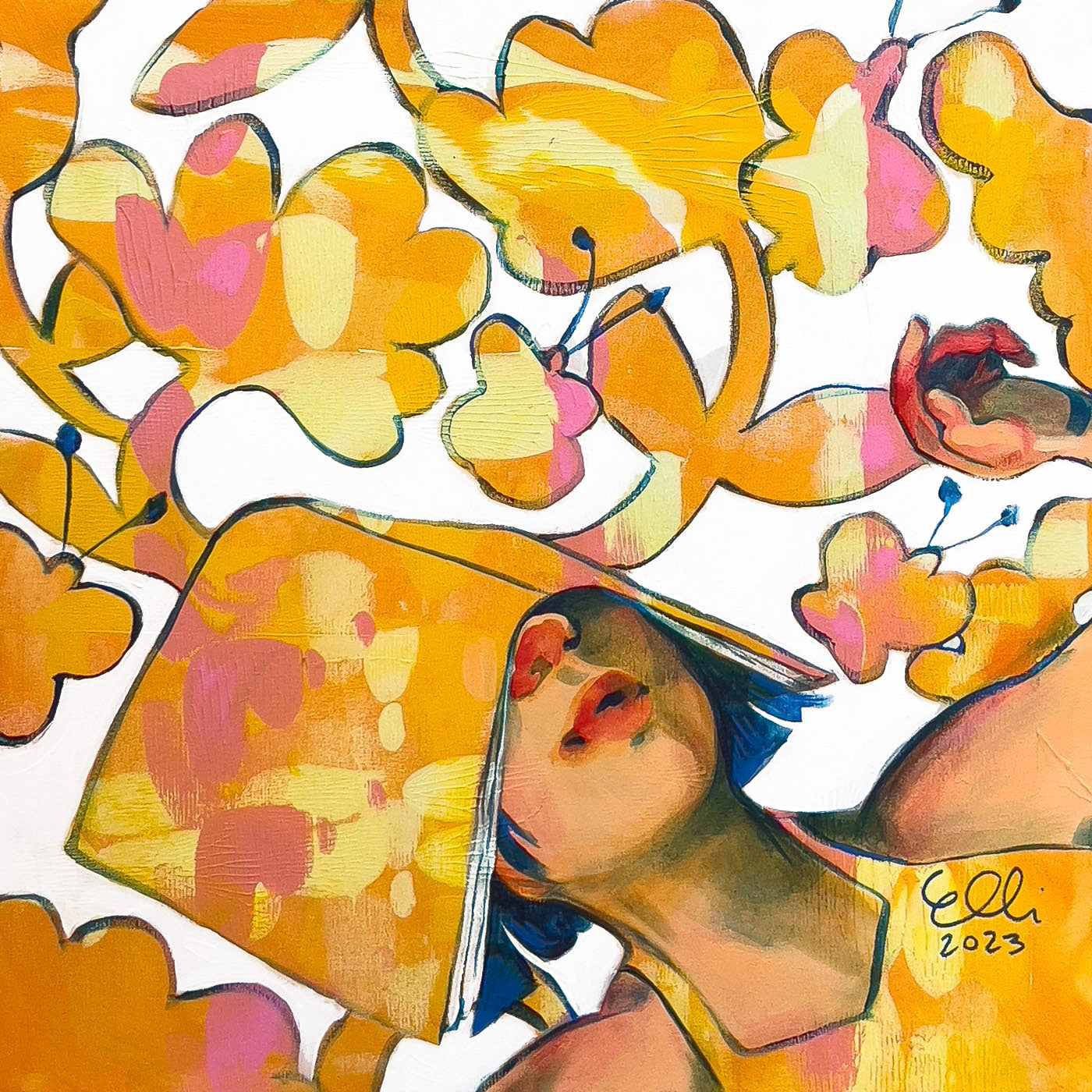 "Reading Holiday" painting by Elli Maanpää, showcasing serene nap under a book.