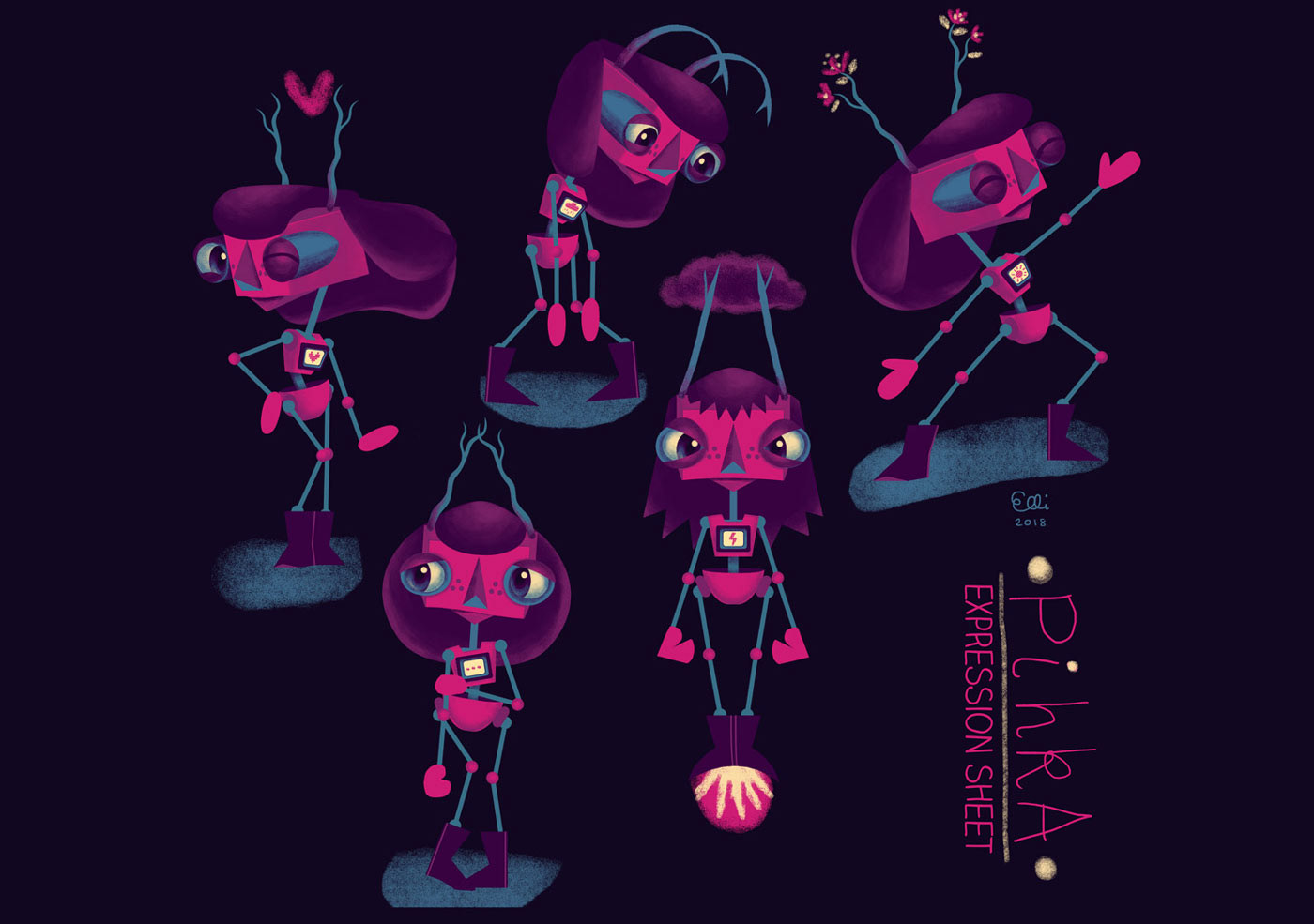 Explore the expression sheet of Pihka, featuring a variety of emotive states portrayed through her unique features, including the emotion screen, branch horns, and rocket boots. Character designed by visual artist Elli Maanpää, Pihka comes to life with a range of emotions, adding depth and personality to the character.
