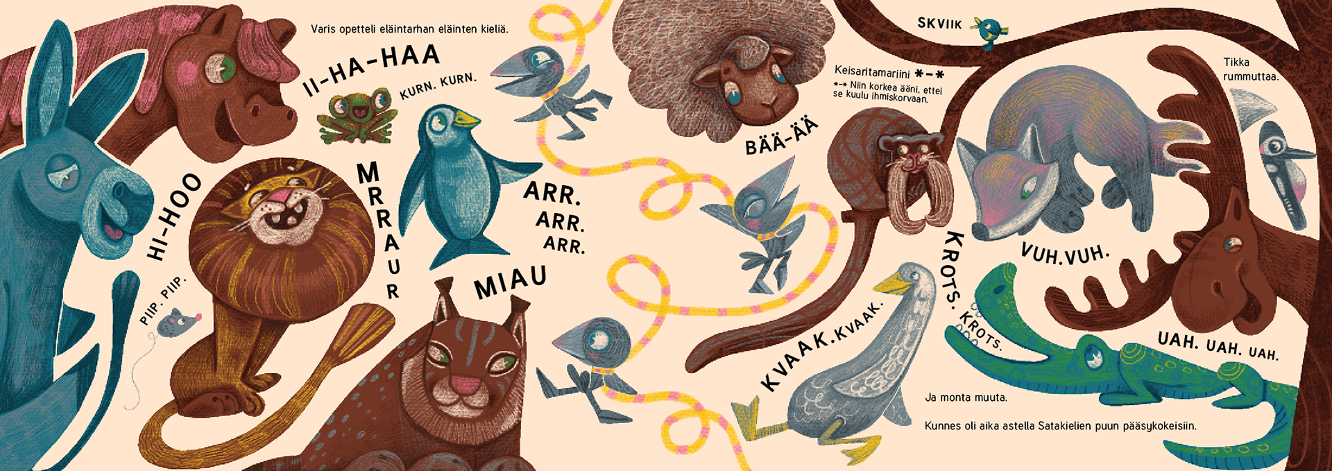 In Elli Maanpää's captivating illustration, the determined crow learns languages from various zoo animals, including a lion, moose, mouse, horse, and fox, as depicted in her charming picture book.