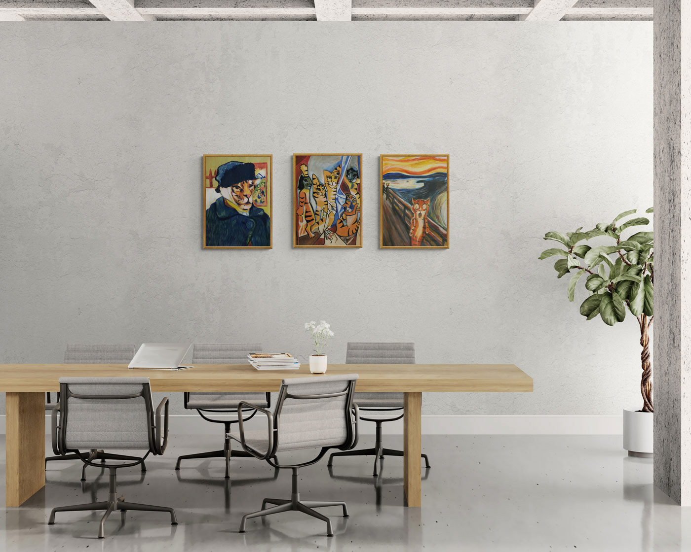 All three framed tiger-themed art posters—Les Tigresses d’Avignon, The Scream of a Tiger, and The Tiger Van Gogh—decorating an office space with a wooden table, perfect for a creative and professional atmosphere.