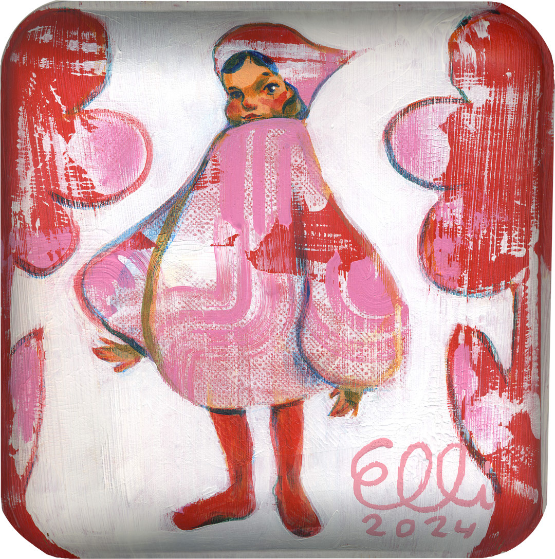 Painting titled 'Muñeca: Red Tights' by Elli Maanpää, featuring a doll-like figure with red tights on a bamboo plate.