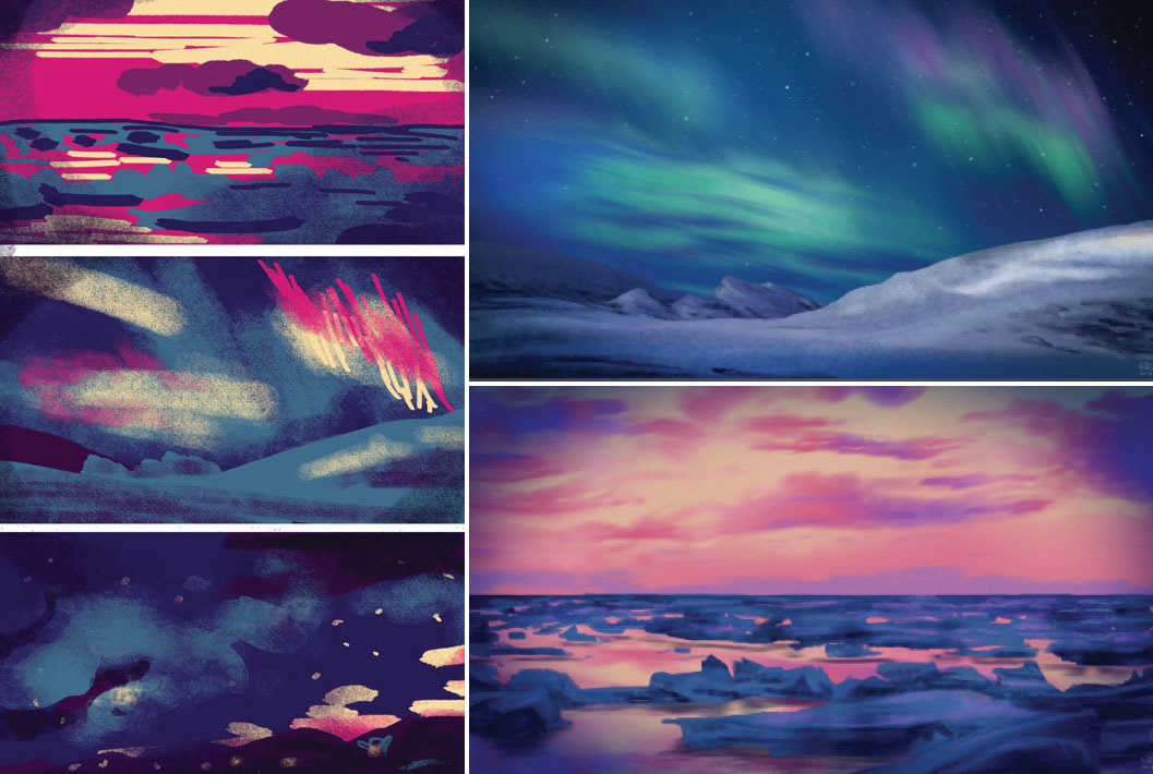 Delve into the creative process with color palette studies on the left and digital paintings on the right, envisioning the landscape and mental scape of Pihka Is My Name. Transport yourself to a Nordic winter scene adorned with auroras borealis, snow, and stars, meticulously crafted by visual artist Elli Maanpää.