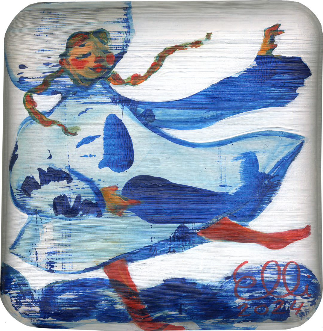 Painting titled 'Muñeca: Sea Breeze' by Elli Maanpää, featuring a doll-like figure in blue and white tones on a bamboo plate.