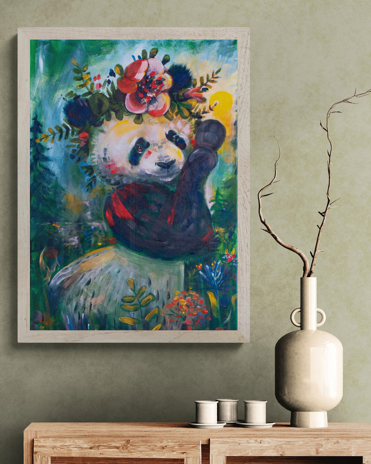 Framed Summer Panda art print in a cozy living room setting, showcasing vibrant wall art as part of home gallery decor.