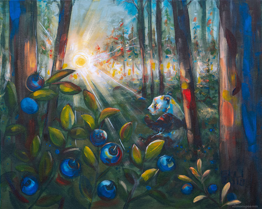 Painting of a giant panda surrounded by blueberry bushes in Finnish nature, designed as part of Elli Maanpää’s Nordic art prints collection.