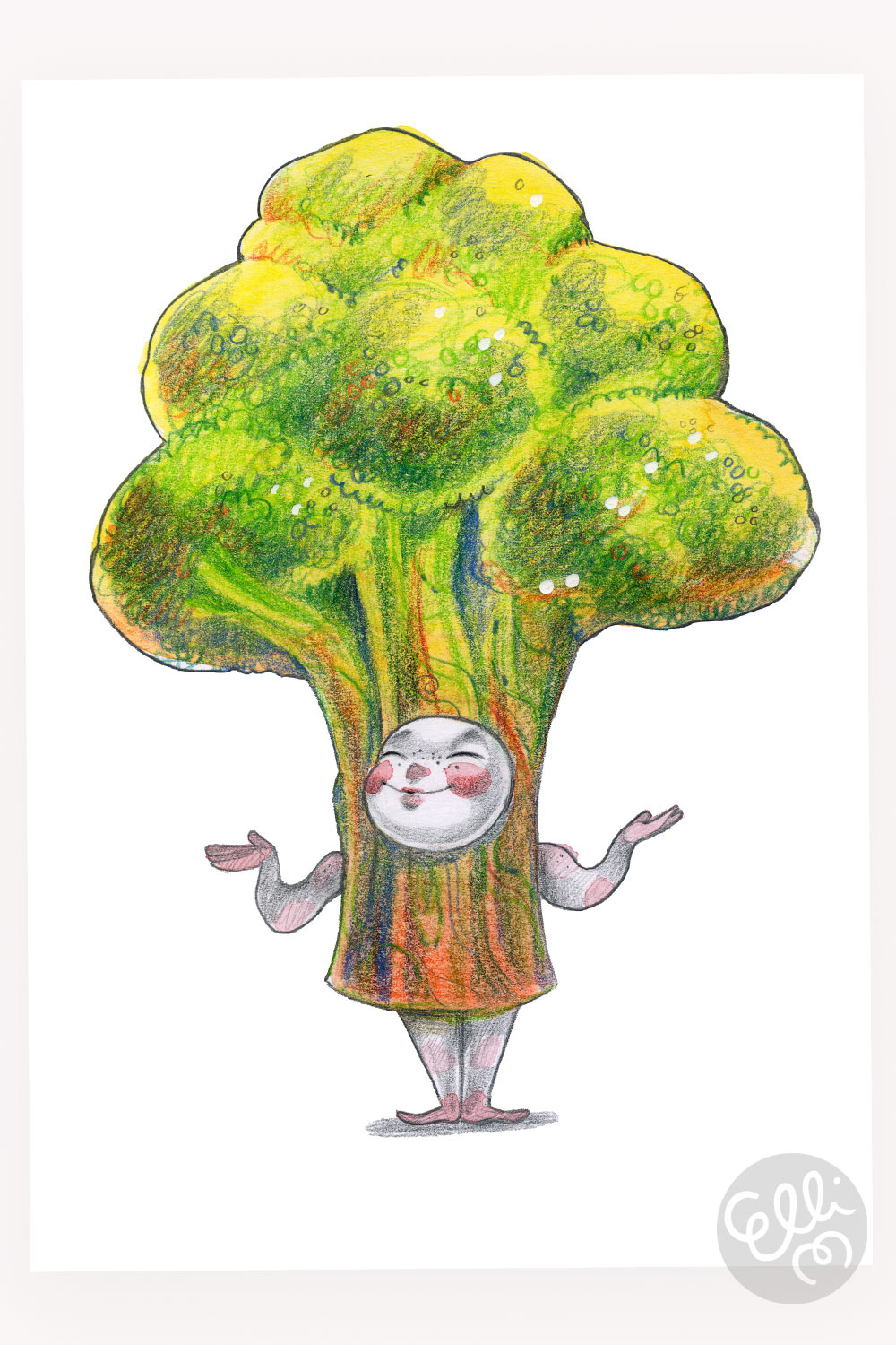 Broccoli character inspired by the phrase 'You're good for me'. Cute color pencil drawing by Elli Maanpää.