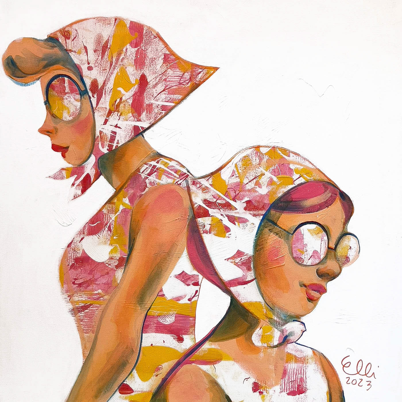 This hot/cool art work by Elli Maanpää, is a vibrant figurative painting capturing the essence of summer with pink and yellow hues.