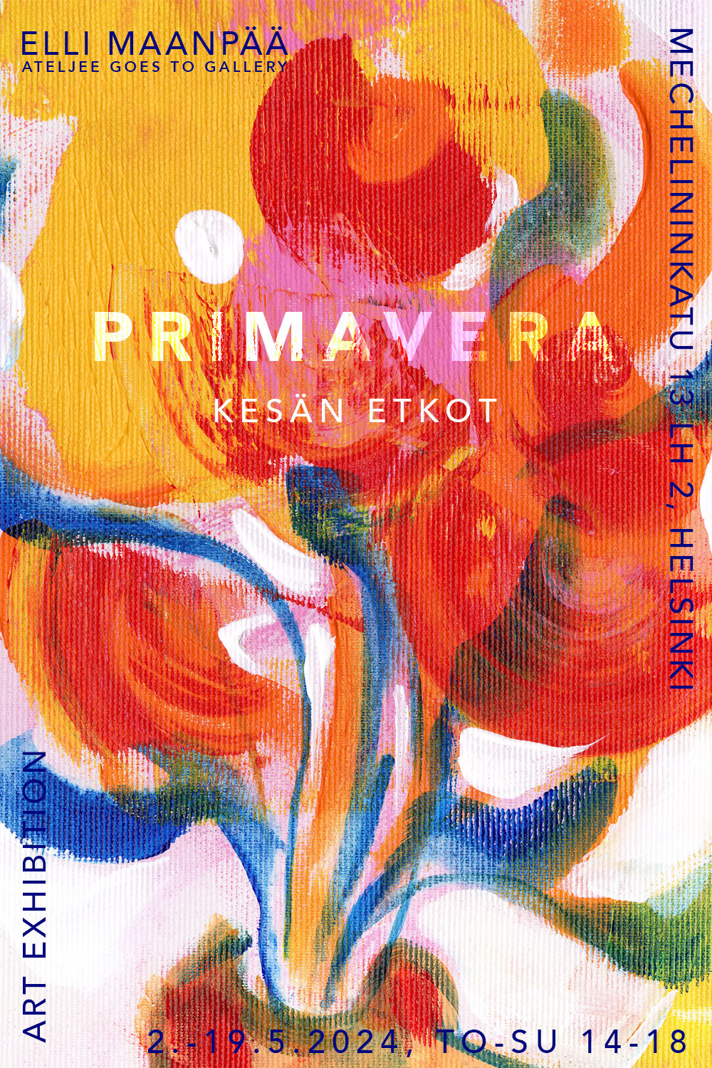 "Primavera: Pre-Summer Celebration" art exhibition in Helsinki featuring colorful and summery paintings by visual artist Elli Maanpää. The exhibition is open from May 2nd to May 19th, 2024, Thursday to Sunday, from 2 pm to 6 pm. The venue is Elli Maanpää's studio located at Mechelininkatu 13, shop space 2 (next to Favela restaurant) in Helsinki. Welcome!