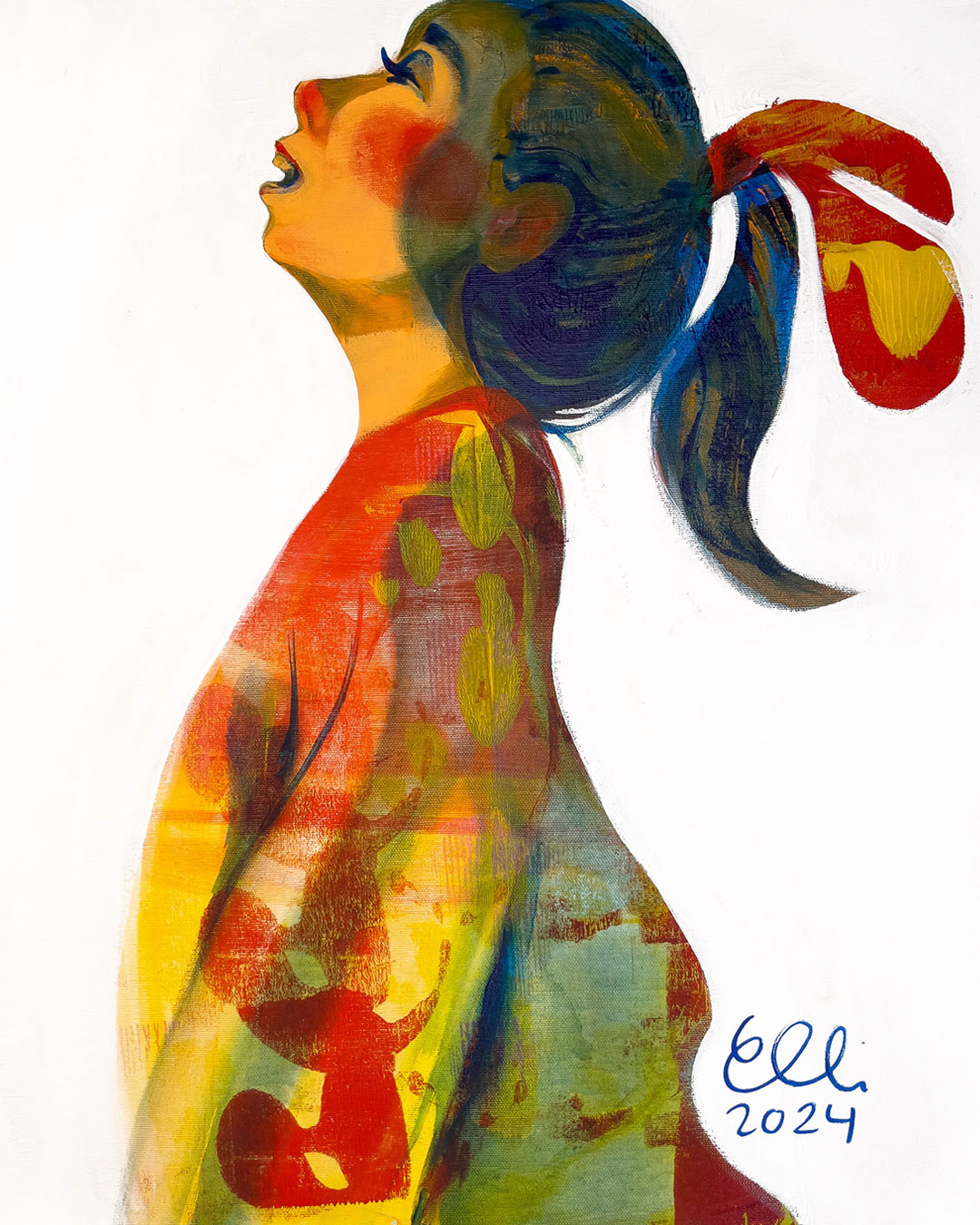 Experience the vibrant energy of 'Open,' a figurative painting by visual artist Elli Maanpää.
