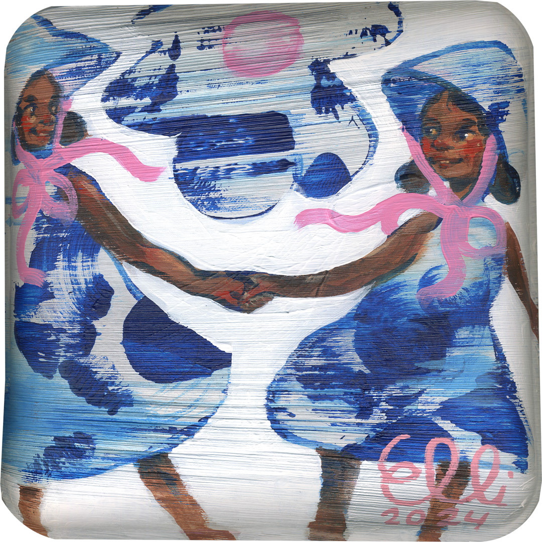 Painting titled 'Muñeca: Together' by Elli Maanpää, featuring two doll-like figures holding hands on a bamboo plate.