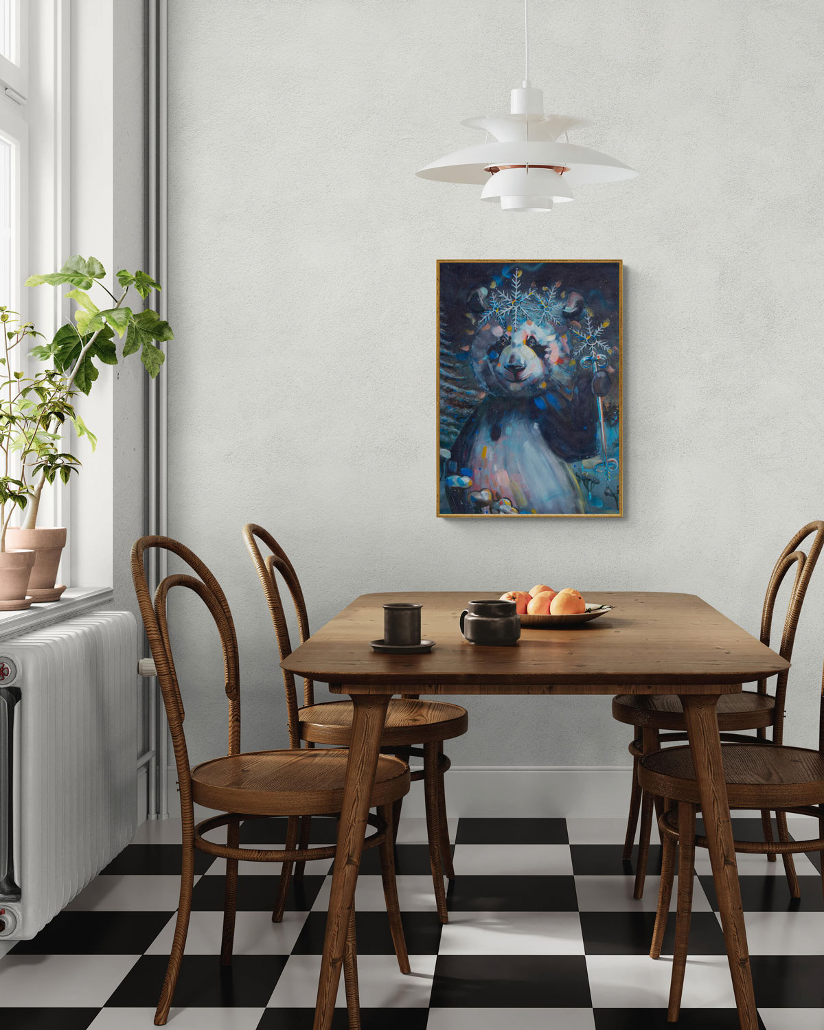 Winter Panda framed art print in a minimalist Nordic kitchen, blending colorful visual art with warm home decor.