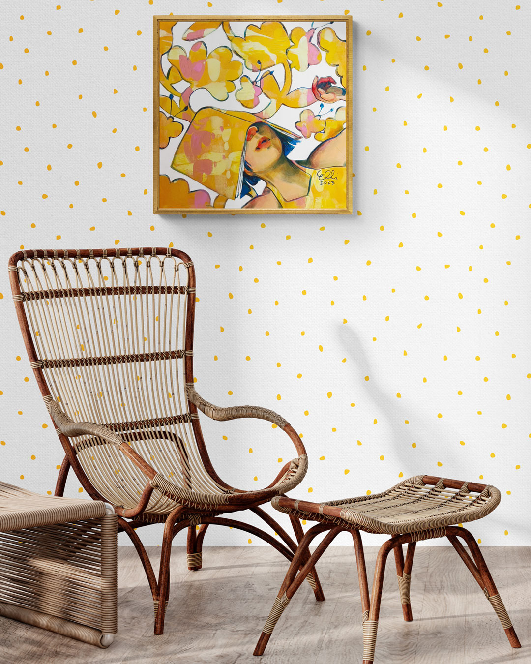 Reading Holiday': woman in warm yellow hues, surrounded by butterflies and flowers.