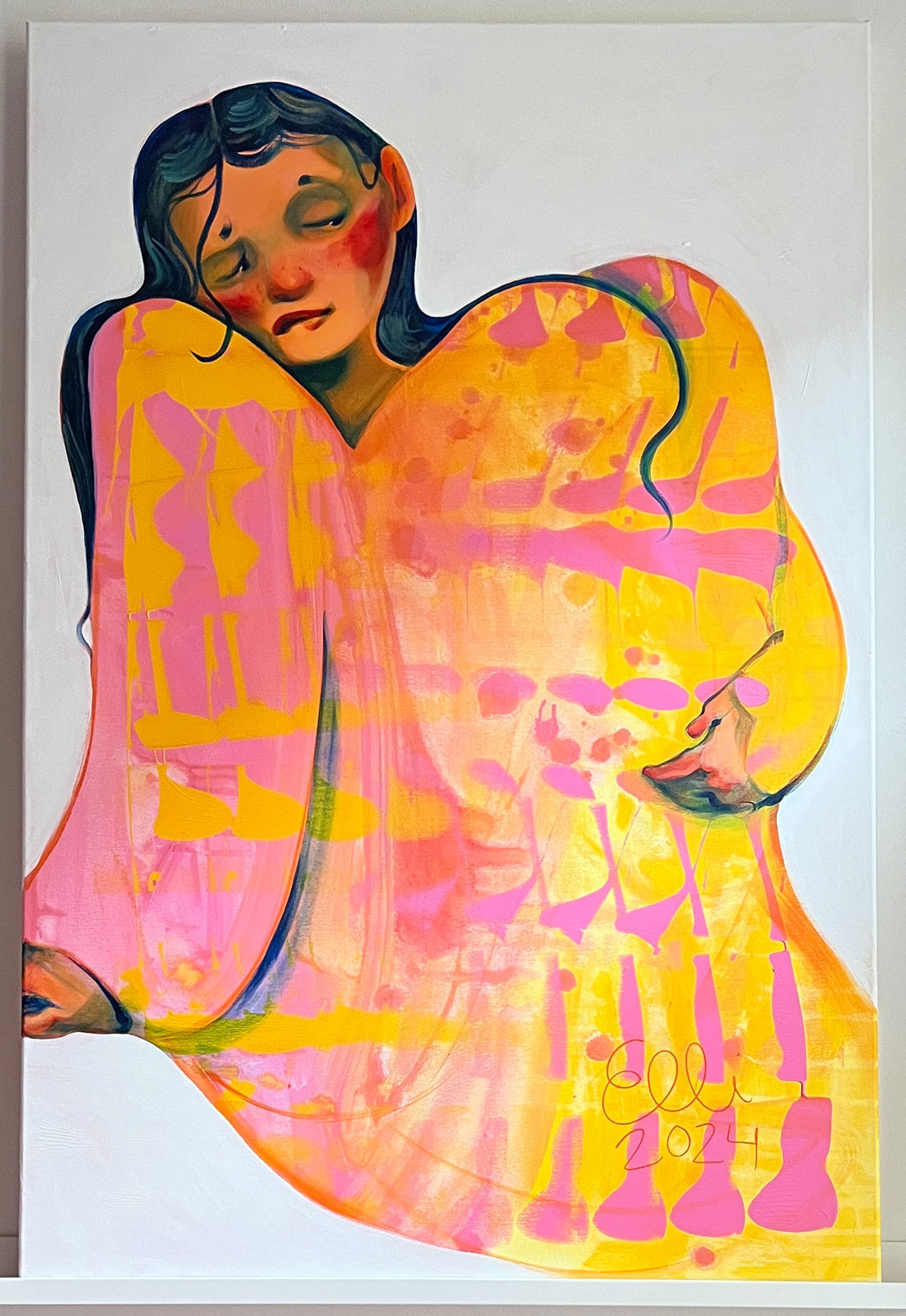 Full view of the painting ‘Lemon Jelly Melancholy’ by Elli Maanpää, showcasing pink and yellow abstract details and a contemplative blue-haired woman.