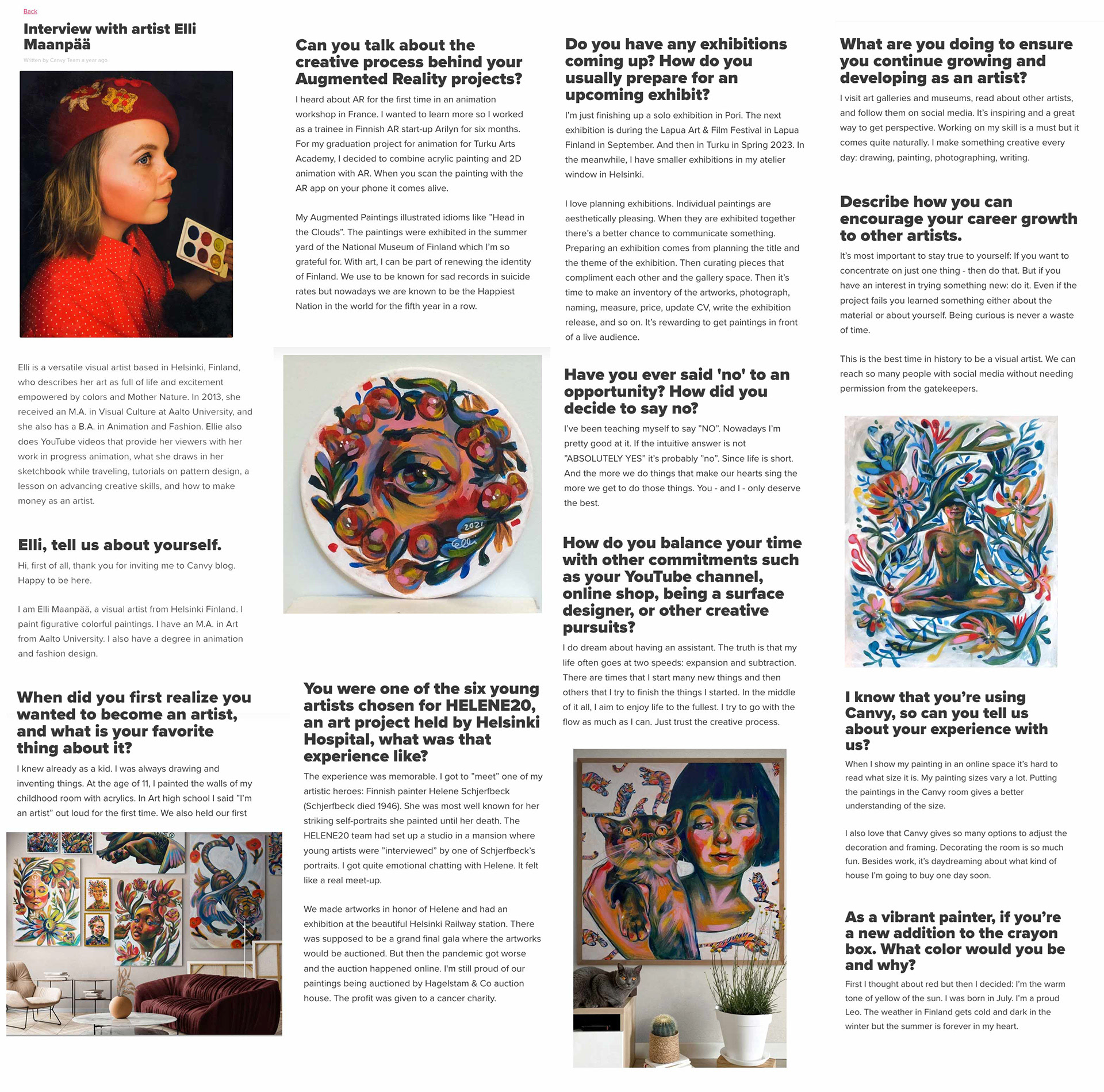 The article from Canvy, illustrated with Elli Maanpää’s artwork, showcasing her creative journey and artistic insights.