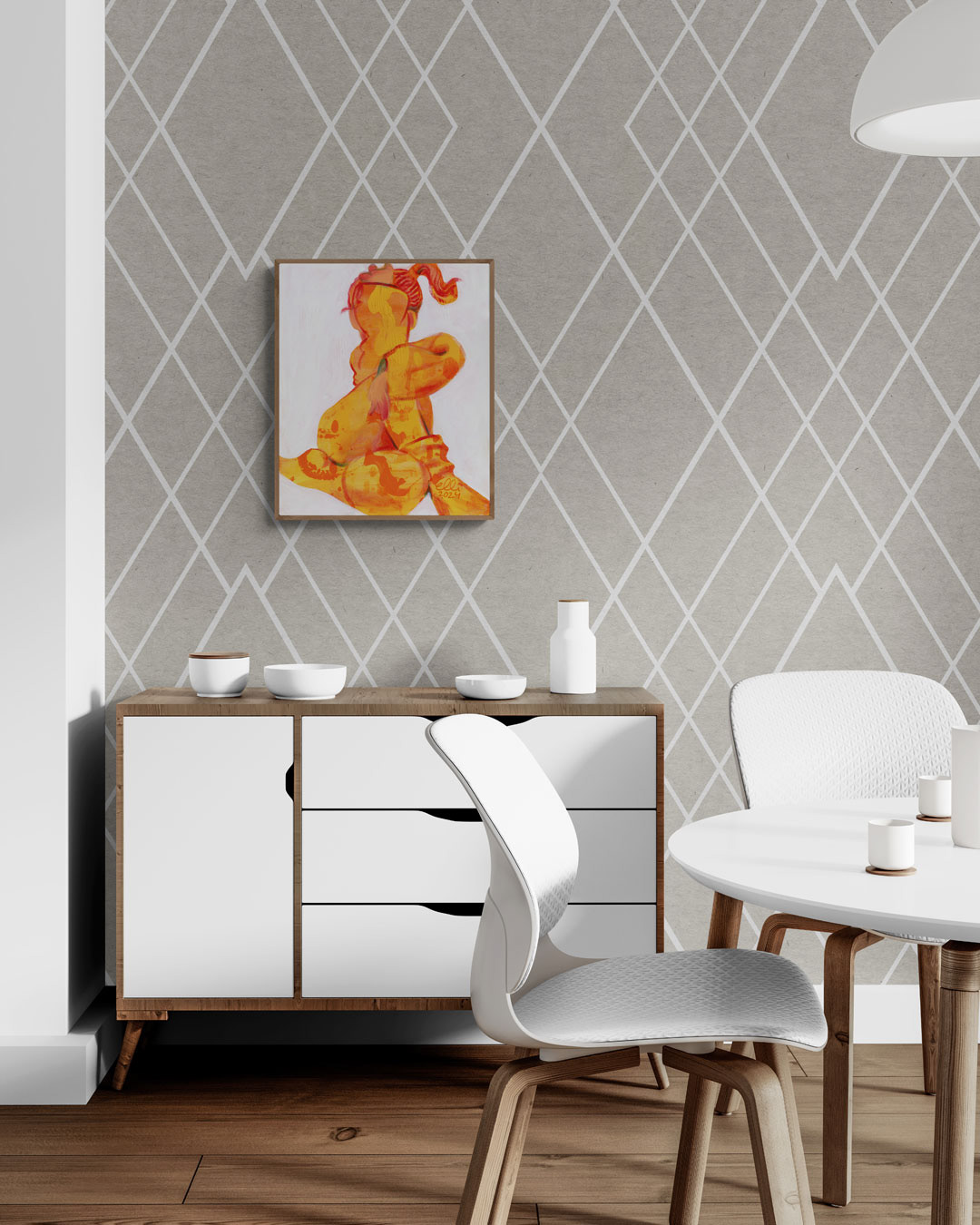 Figurative painting enveloped in vibrant hues of yellow and orange.