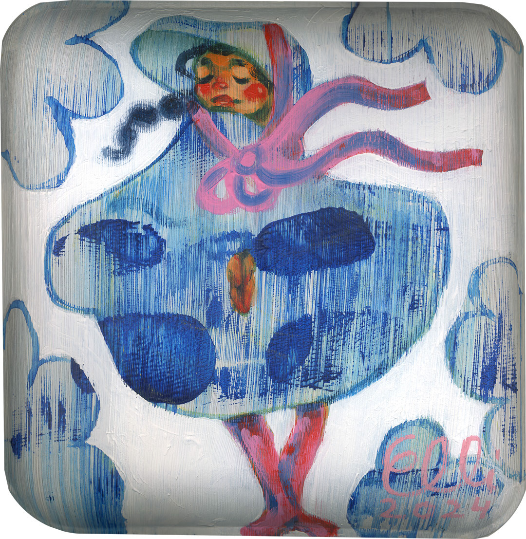 Painting titled 'Muñeca: I am Here' by Elli Maanpää, depicting a doll-like figure in a blue garden on a bamboo plate.