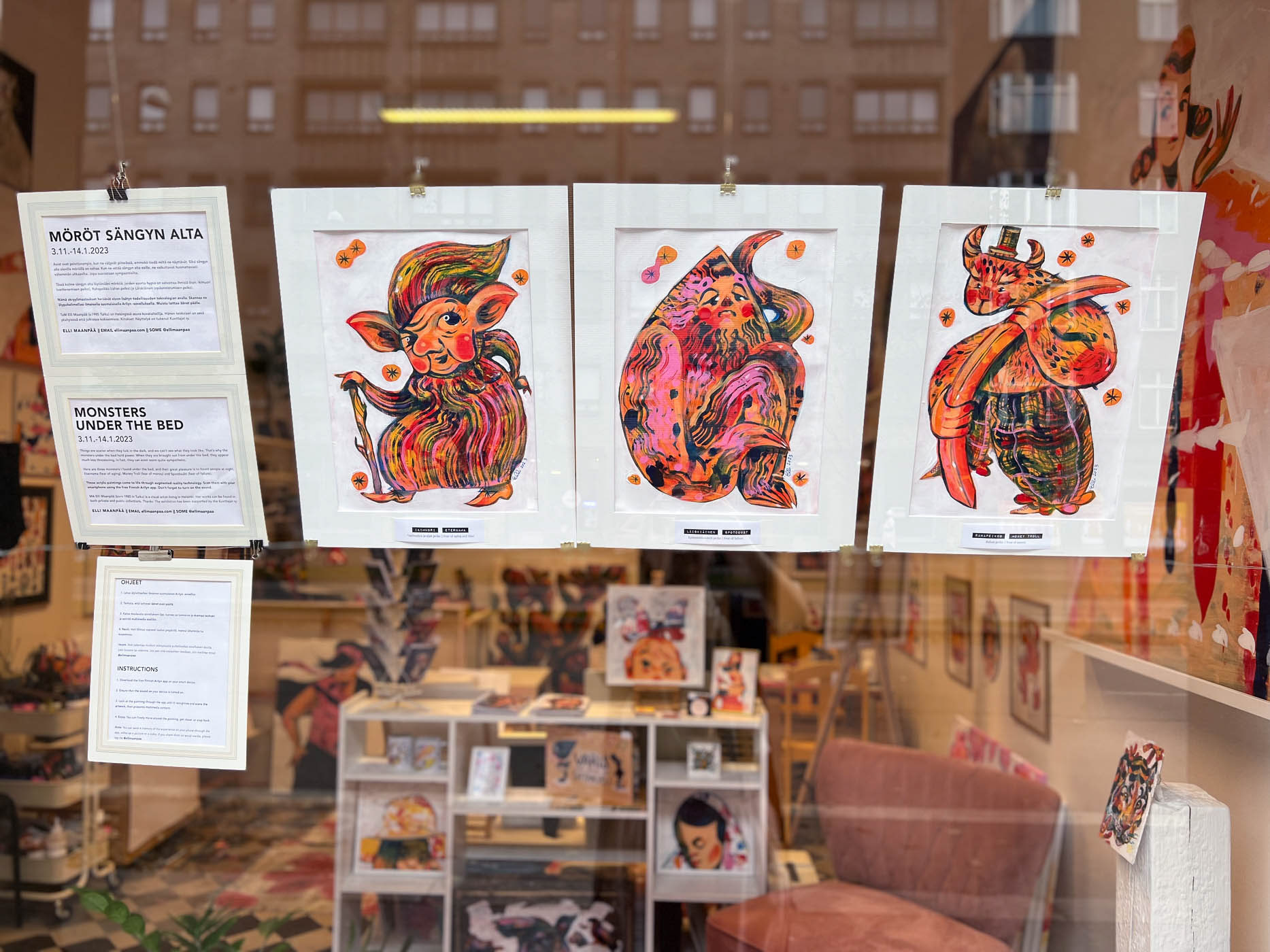 Elli Maanpää's augmented reality art installation 'Monsters Under The Bed' merges virtual and physical realms. Premiered at Window Gallery Elli, Helsinki, 2023.