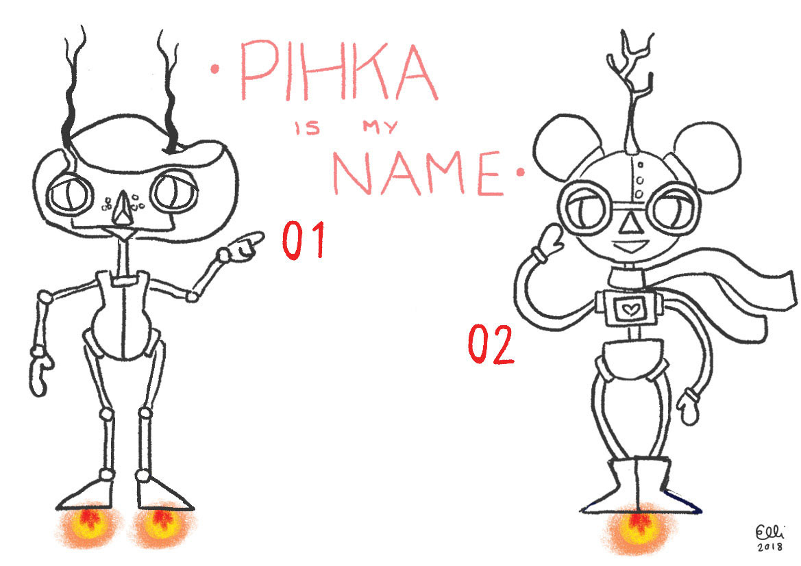 Preliminary sketches showcasing two variations of Pihka's features. Turunen and Helasvuo favored the head from the first design and the body from the second.