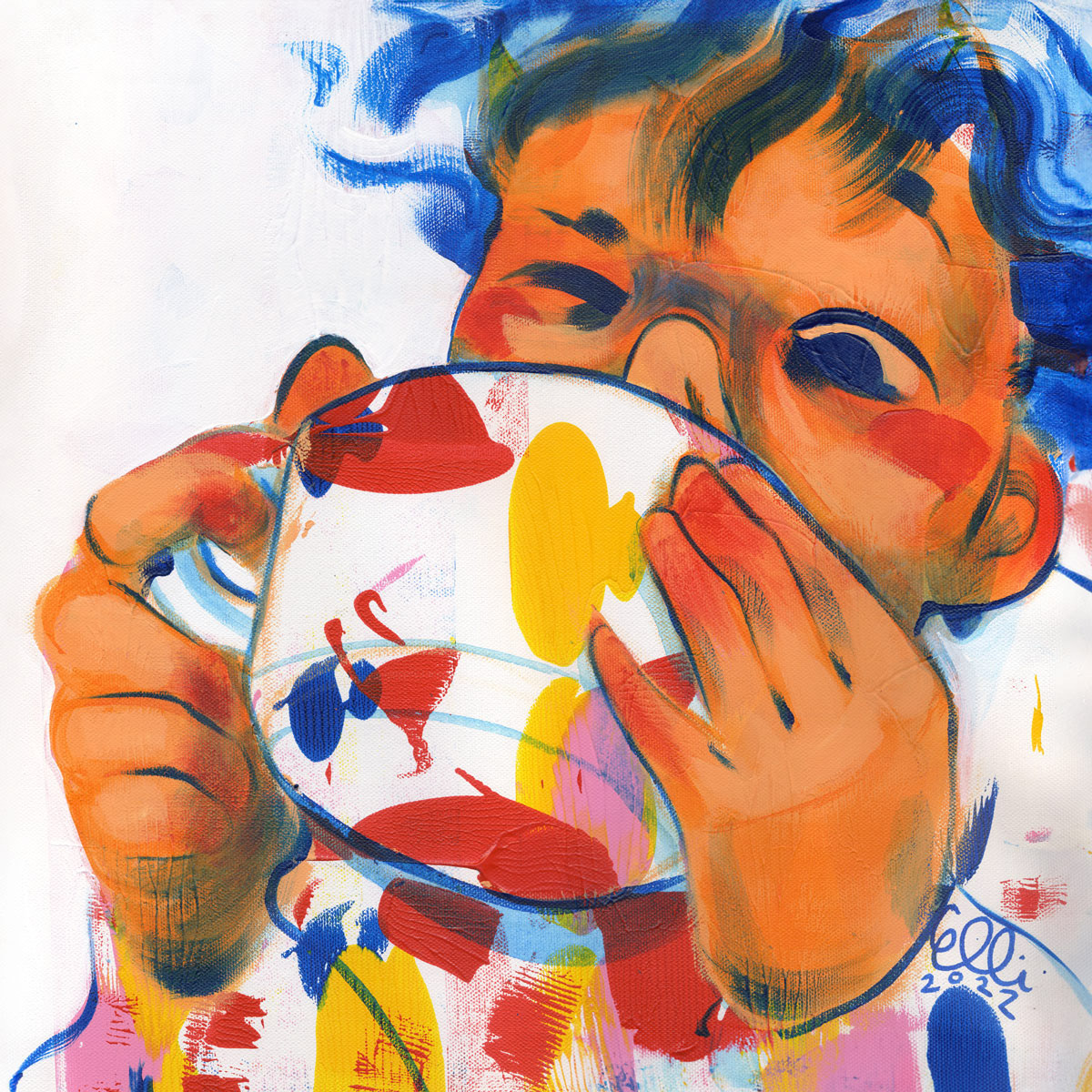 Boy with oversized coffee cup in vibrant acrylic painting by Elli Maanpää.