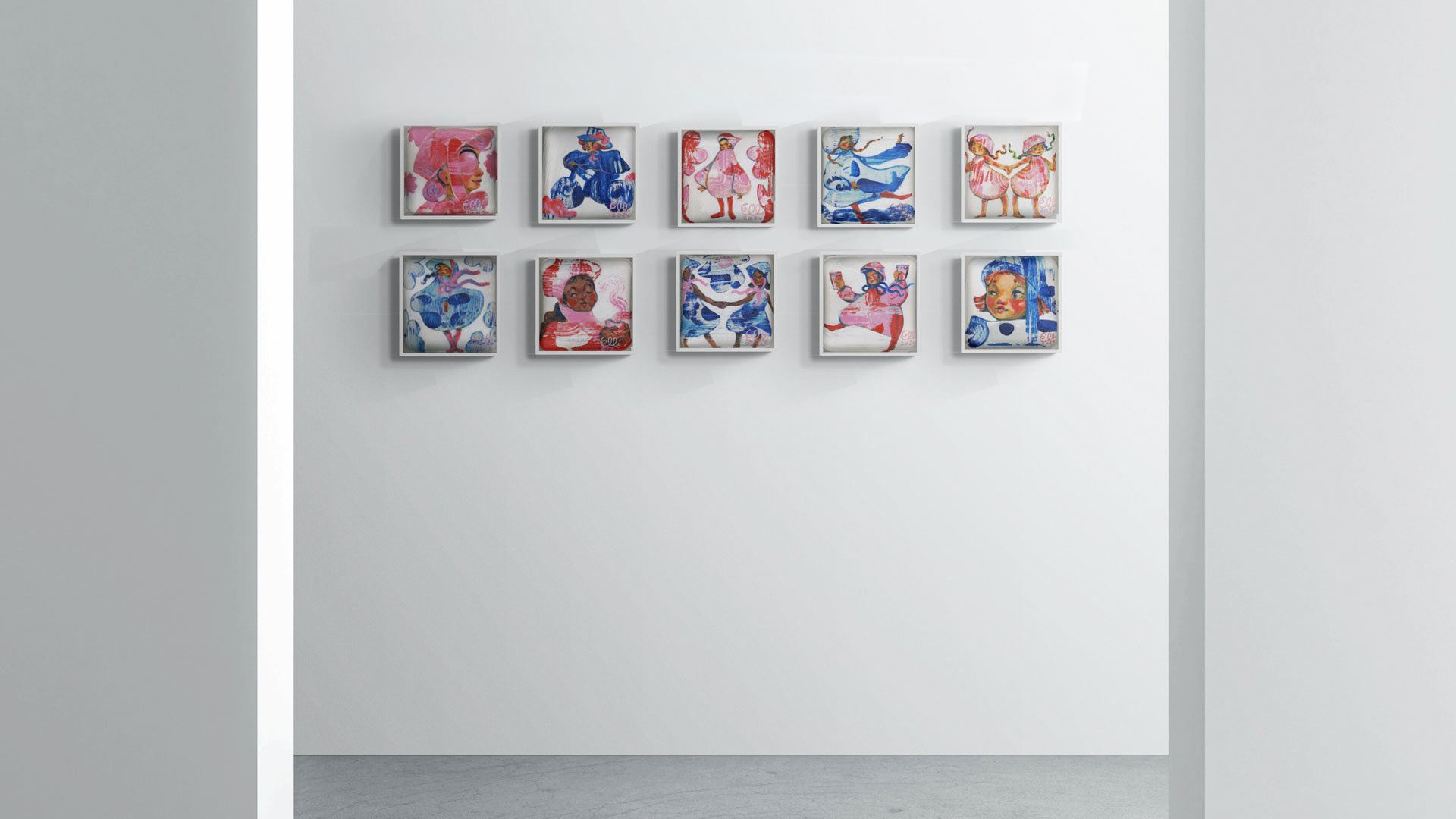 All 10 paintings from Elli Maanpää's 'Muñeca' series displayed on a white wall at Finlandia Hall. The paintings feature vibrant red, pink, and blue tones on bamboo plates, showcasing unique textures and playful doll-like figures.