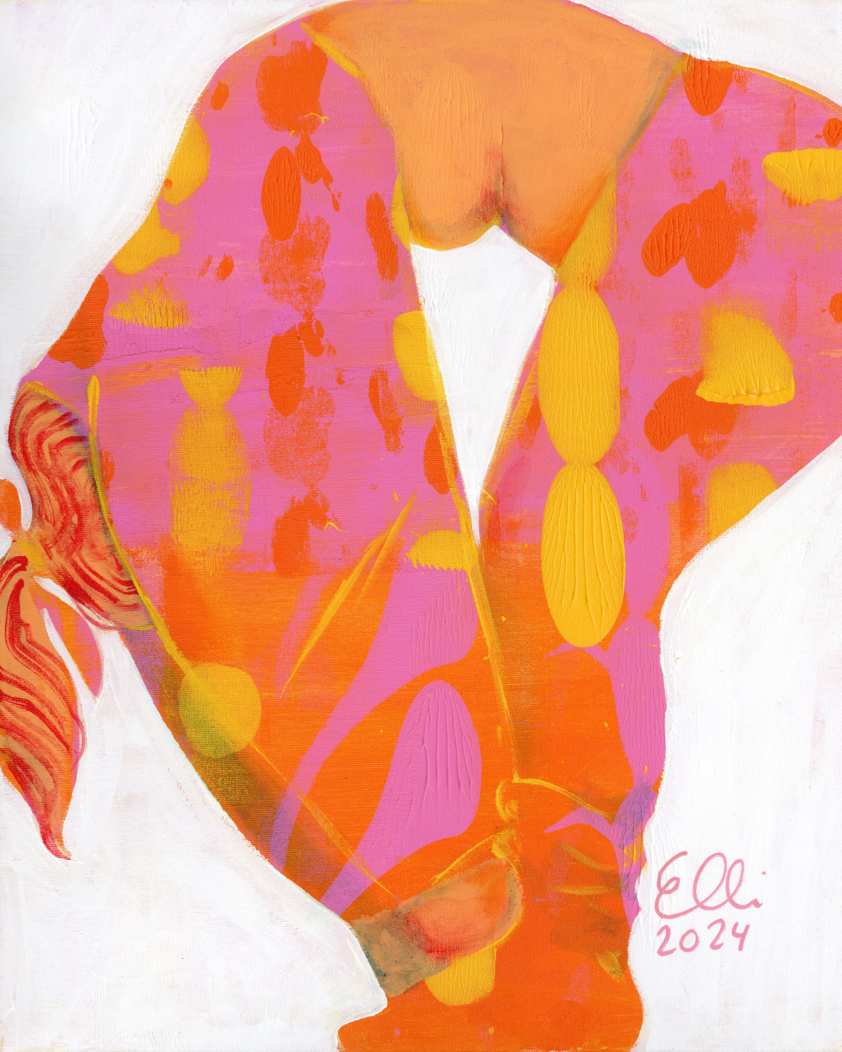 Elli Maanpää's acrylic figurative painting "Release" explores the themes of self-healing and emotional ease. Painted with warm vibrant colors.