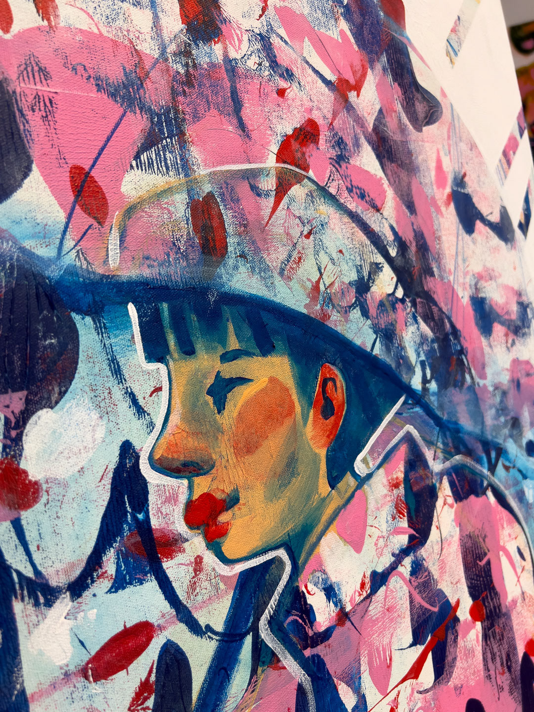 Close-up of Raindrops, a striking blend of abstract and figure by Helsinki artist Elli Maanpää.