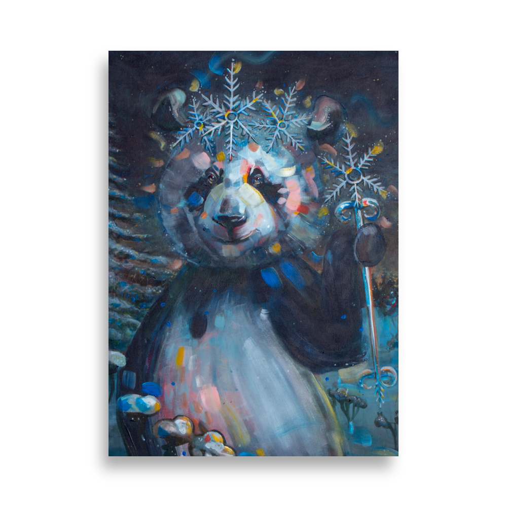 Winter-inspired art print of a giant panda in a snowy Finnish landscape, perfect for cozy hygge-inspired wall decor.