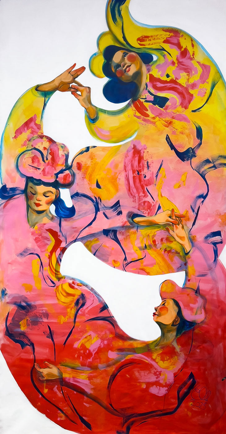 Large-scale acrylic painting The Three Graces by Elli Maanpää, featuring three ethereal women dancing in abstract floral forms.
