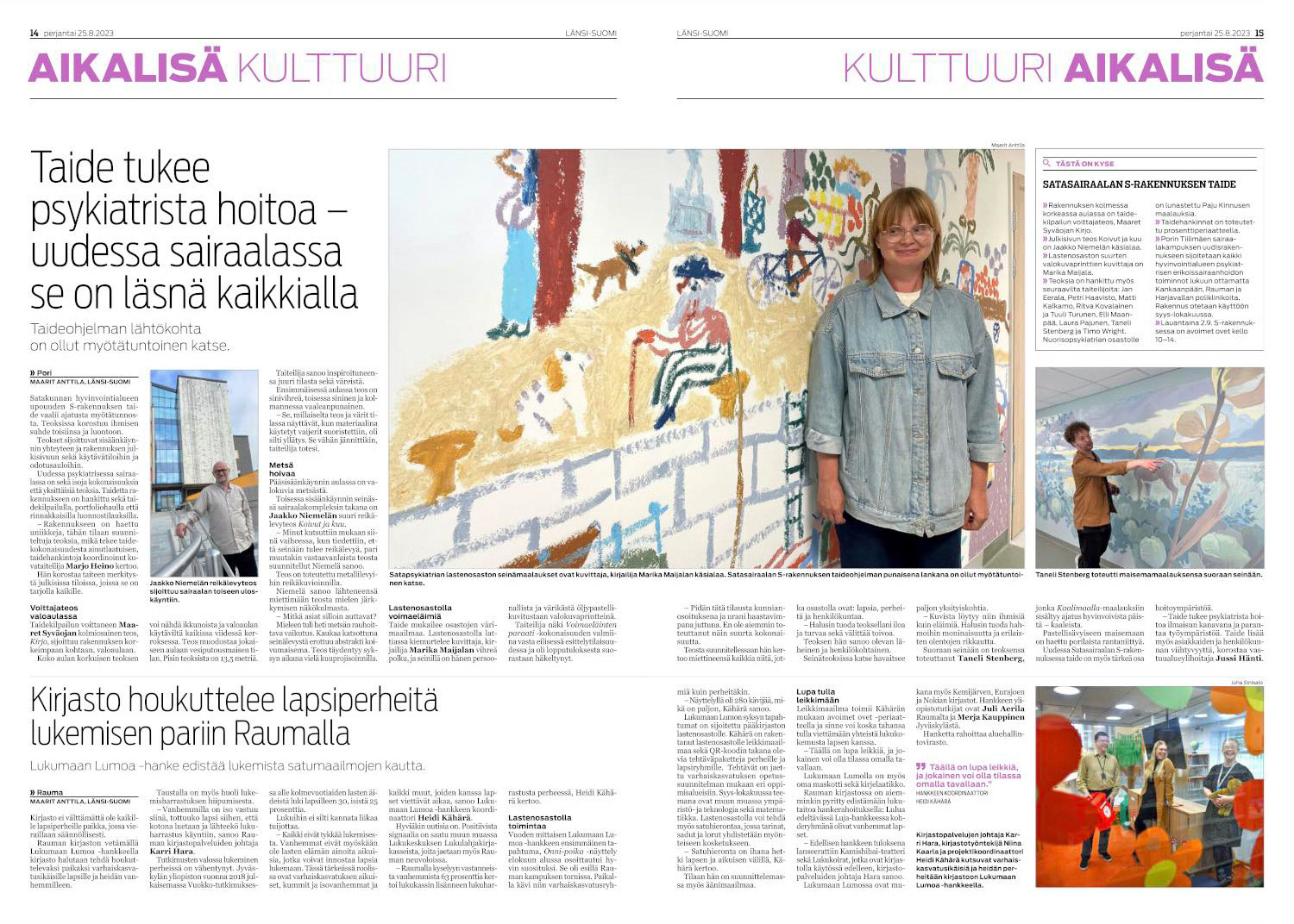 Länsi-Suomi’s coverage of the new art collection in 2023 at the S-Building of Satasairaala, highlighting the work of selected artists like Marika Maijala and Taneli Stenberg.