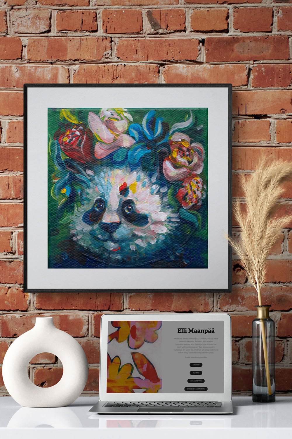 Framed Flower Panda art print in a cozy home office setting, showcasing vibrant wall art as part of home decor.
