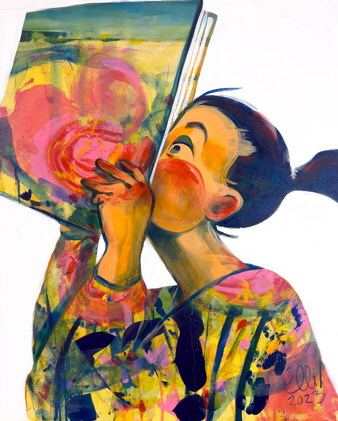 'Wordscape' is a figurative painting by visual artist Elli Maanpää, inviting readers into the immersive realm of literature.